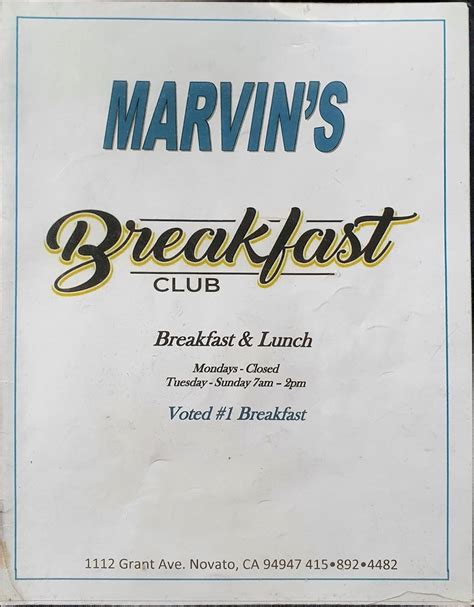 marvin's breakfast club menu|marvin's novato menu.